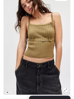 Silence & Noise Ribbed Belted Knit Tank Top - Olive